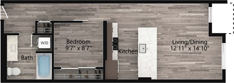 Floor plan for 1 bed, 1 bath, 667 sqft